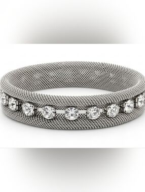 Vintage Silver Mesh Rhinestone Stretch Bangle Bracelet